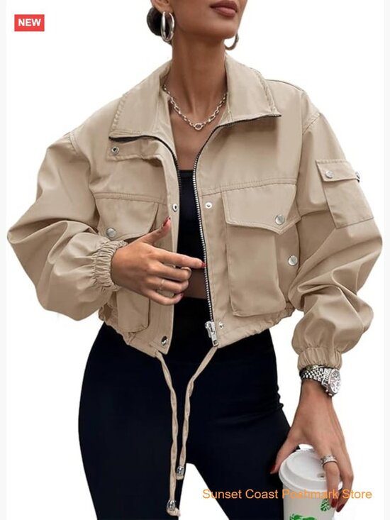 Jackets & Blazers - Womens Cropped Bomber Jacket Zip Up Lightweight Utility Anorak Coat With Pockets